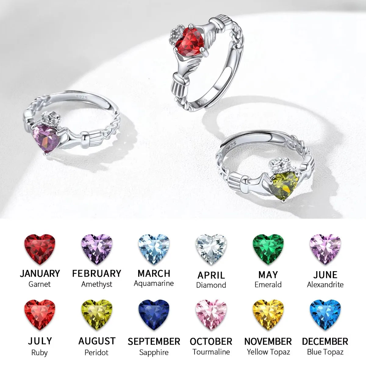 Birthstone Claddagh Ring Adjustable